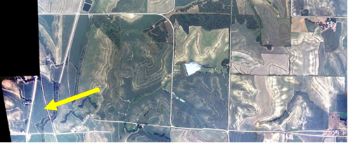 Rolling terrain imagery compared to ESRI/BING imagery in the same location. Yellow arrow shows a road offset at the edge of a stitch.