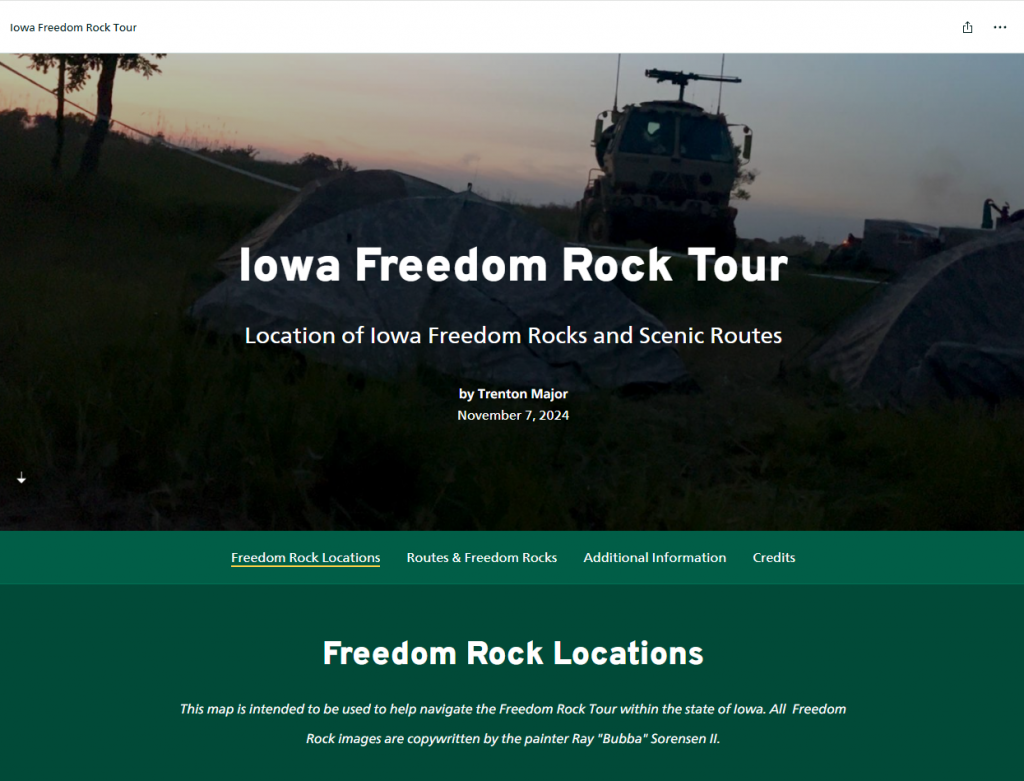 This Story Map displays the locations of Iowa's Freedom Rocks and scenic routes. It is designed to help users navigate the Freedom Rock Tour within the state of Iowa.