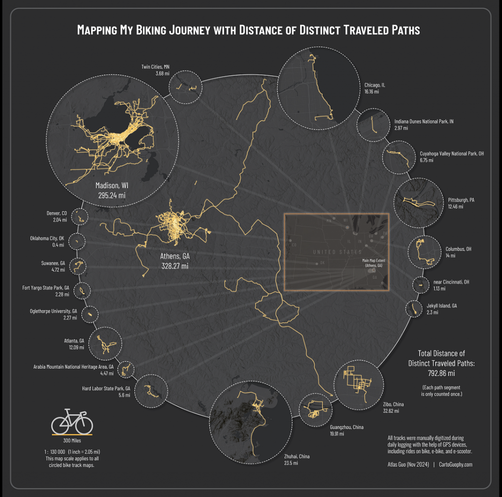 This map shows all my biking tracks, including the majority in the US and few Chinese cities. All the circled track maps have the same scale. Each path is counted only once in the distance calculation. 